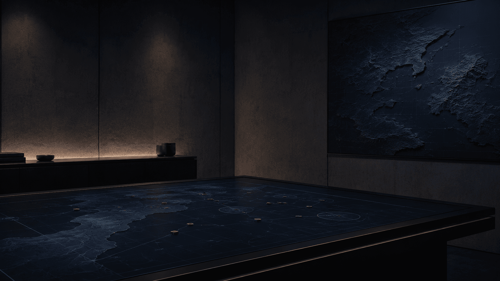 A dark strategic intelligence room representing the Aristotle Engine