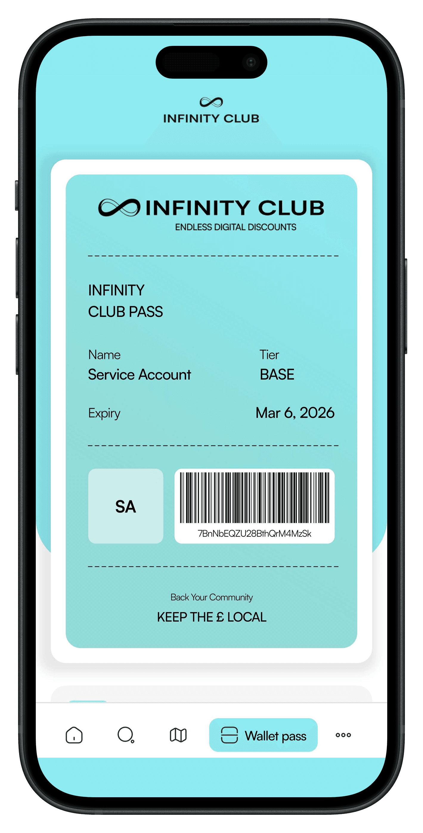 Infinity Club mobile app showing the digital club pass