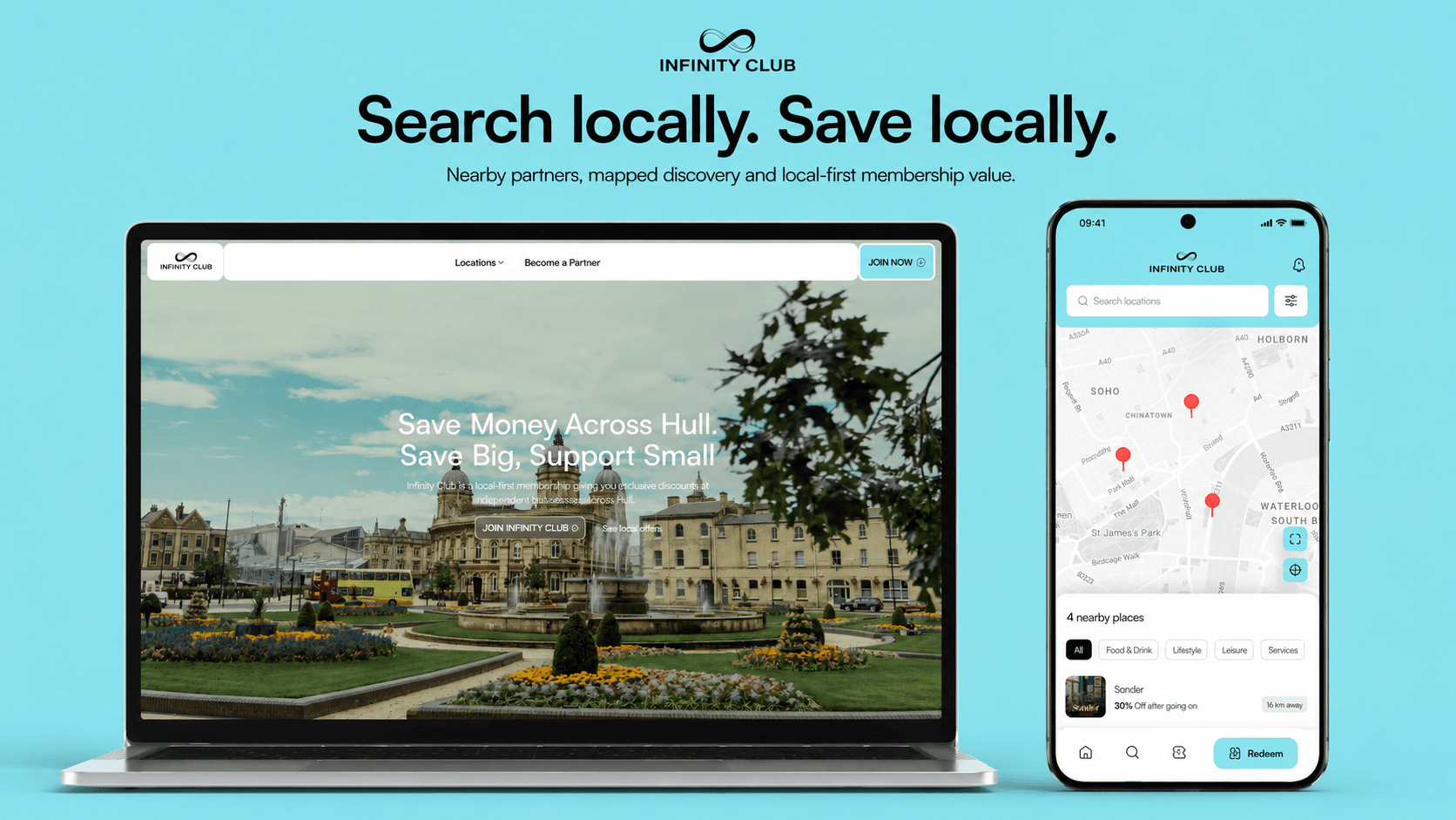 Infinity Club local discovery across its website and mobile app