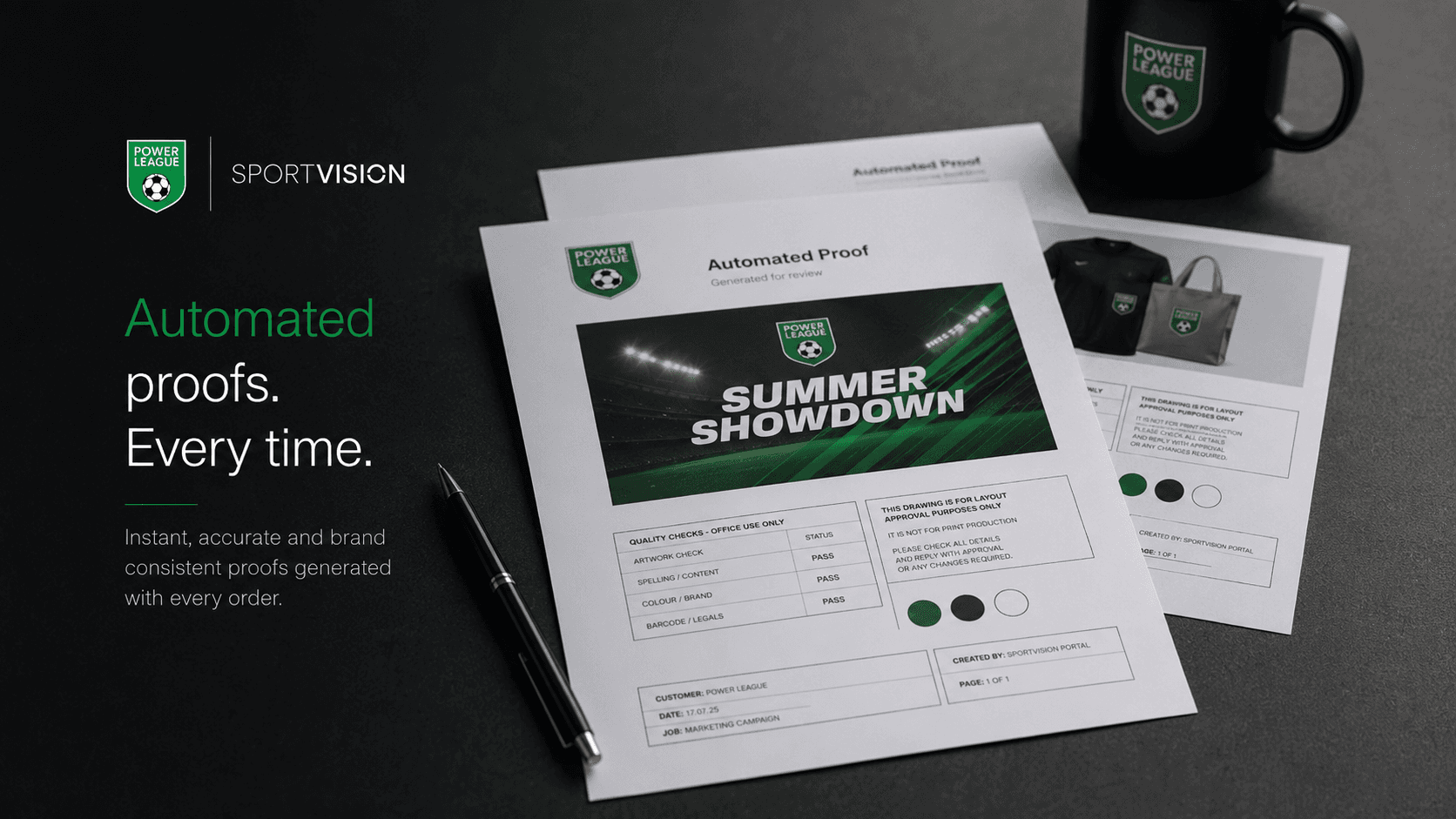 Automated branded print proofs generated for Powerleague orders