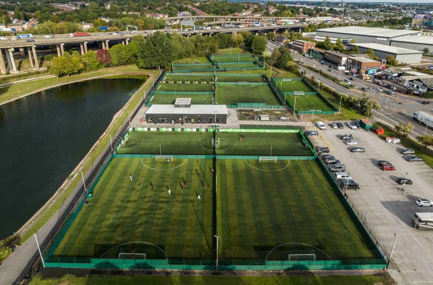 Drone aerial view of a multi-pitch Powerleague complex