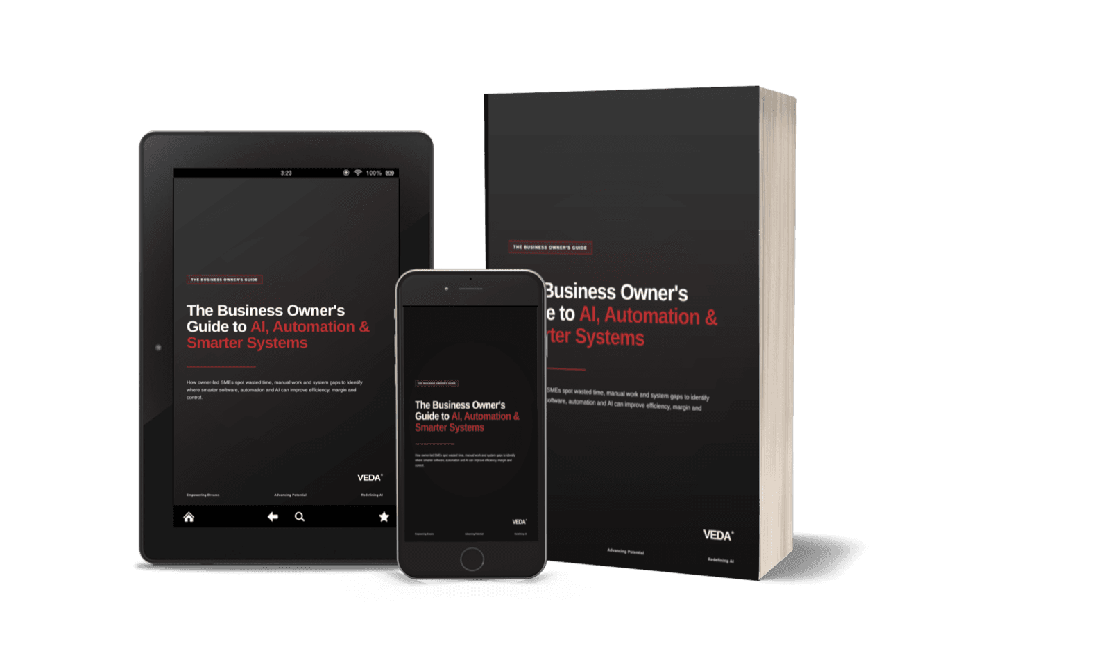 The Business Owner's Guide to AI, Automation & Smarter Systems shown as a hardcover book, on an iPad and on a mobile phone