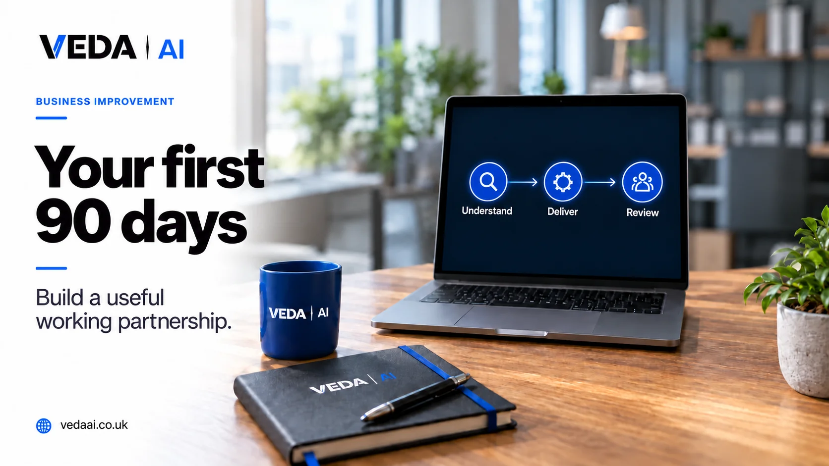 Veda AI branded laptop and desk cover for What should the first 90 days with a technology partner look like.
