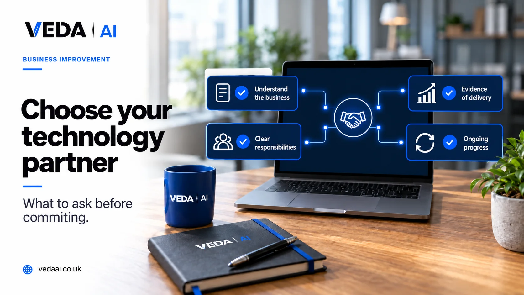 Veda AI branded laptop and desk cover for How to choose a technology partner for your business.