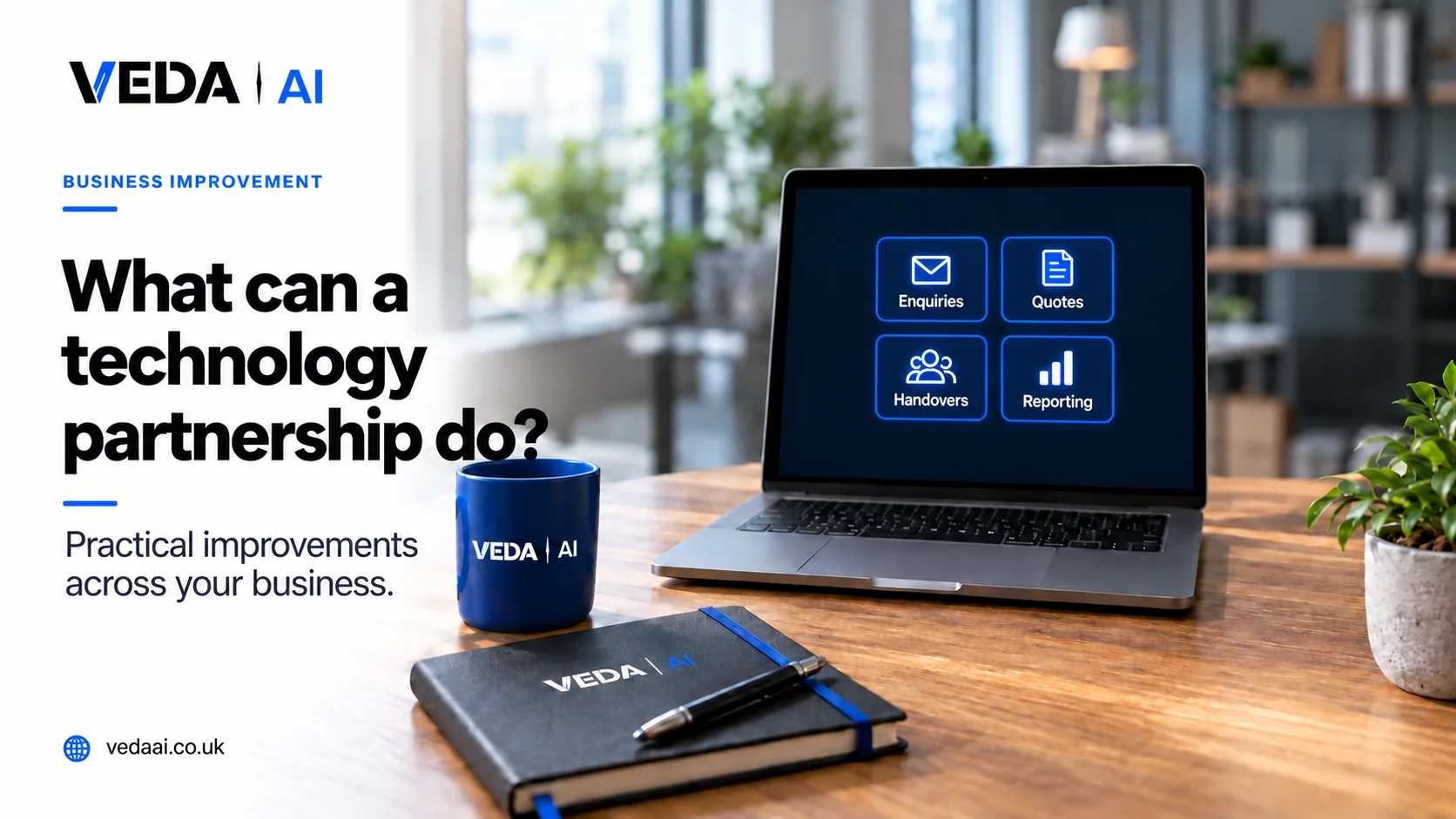 Veda AI branded laptop and desk cover for What can you actually use a technology partnership for.