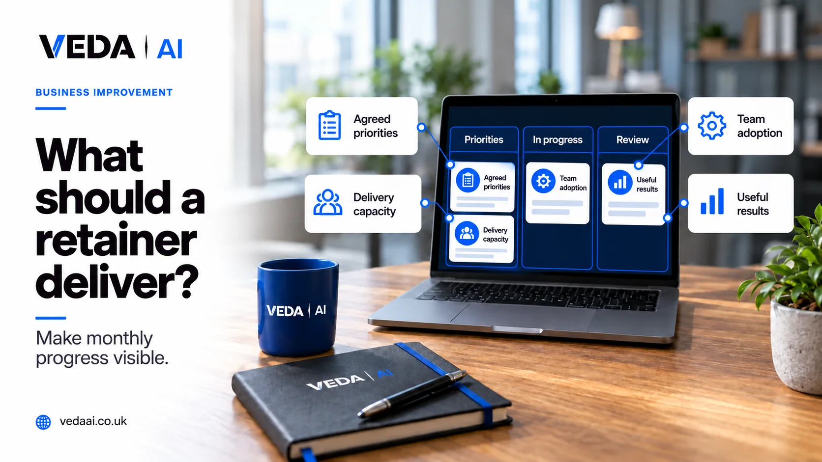 Veda AI branded laptop and desk cover for What should you actually get from a monthly technology retainer.